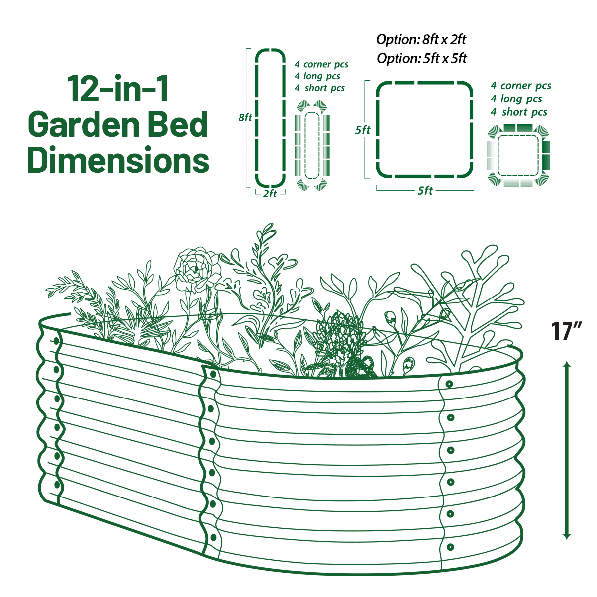 Olle Gardens 17" Tall, 12-in-1 Raised Garden Beds