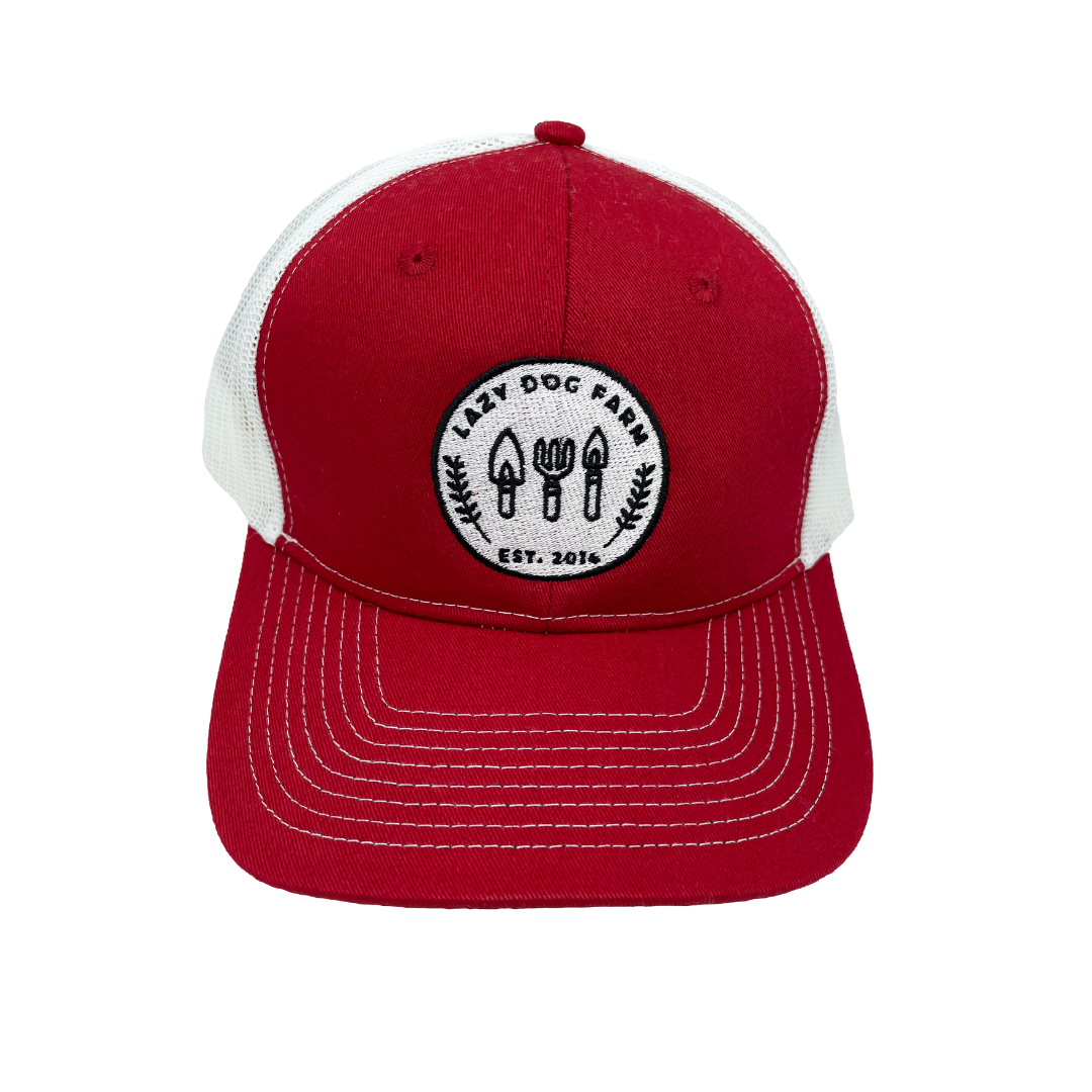 Embroidered Lazy Dog Farm Hat - Red/White